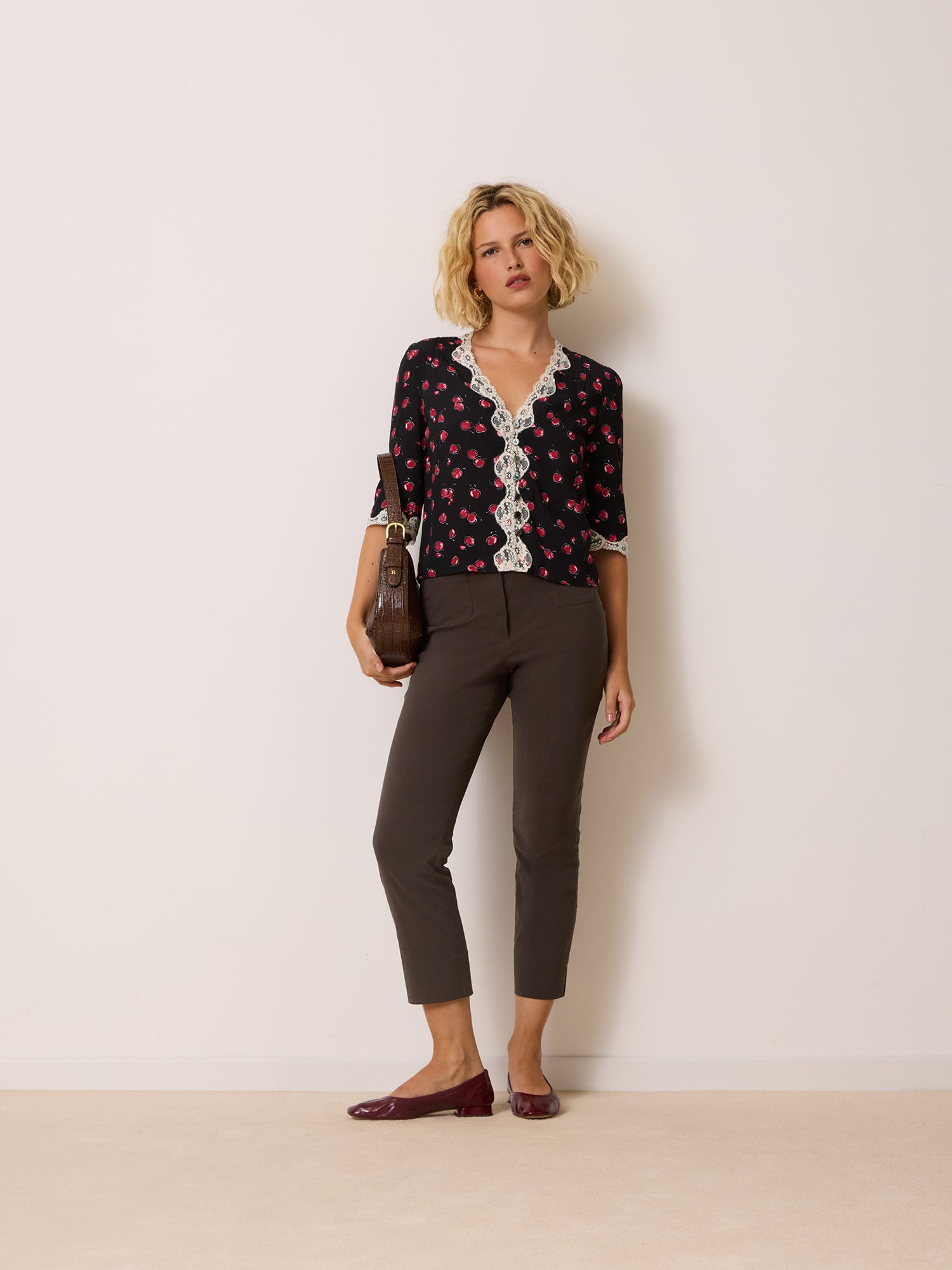 ALDA black cherry print blouse, detail of lace collar by Rouje