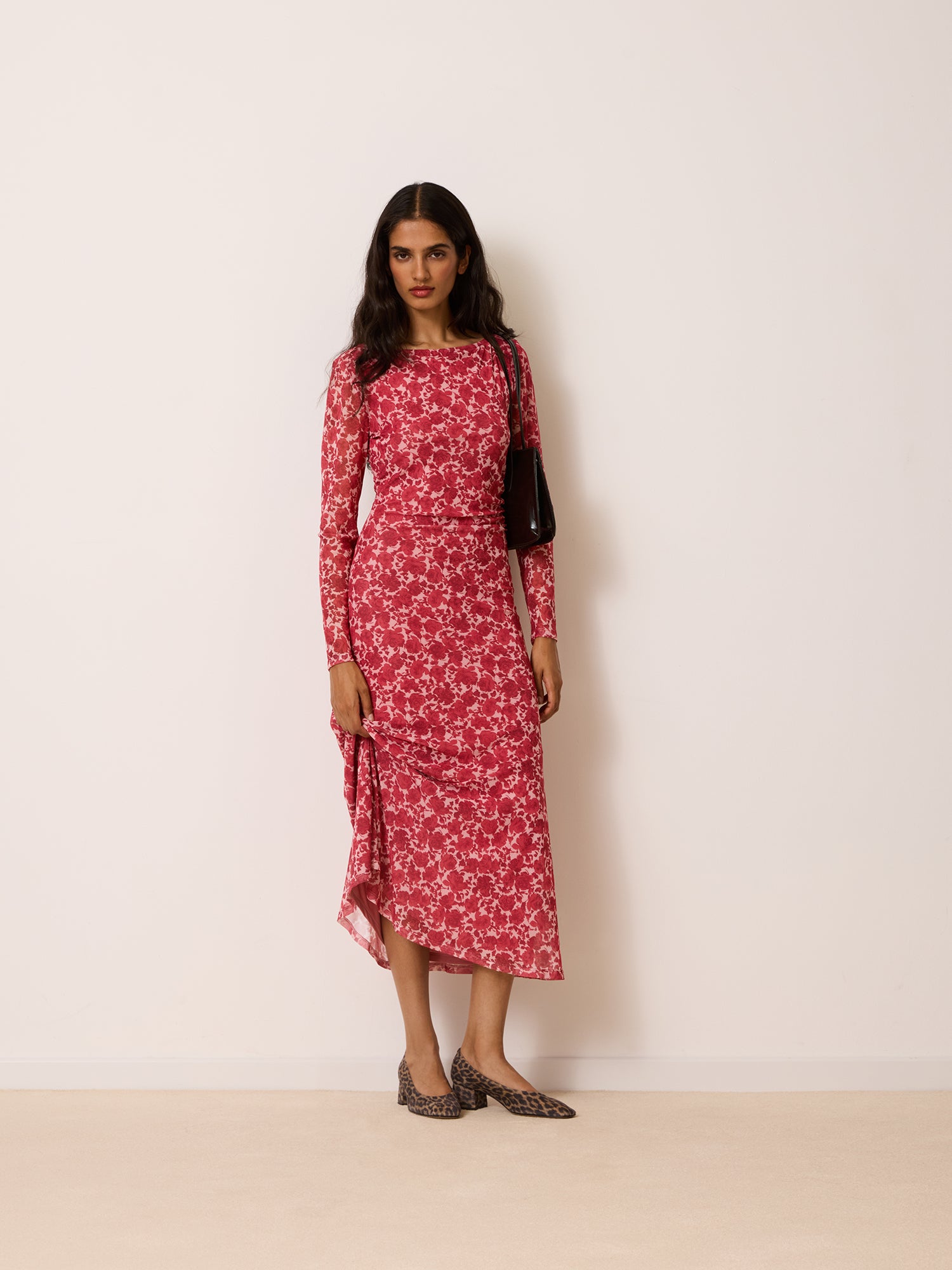 ALEXINE raspberry Wild Roses floral print long fitted mesh dress, front view by Rouje