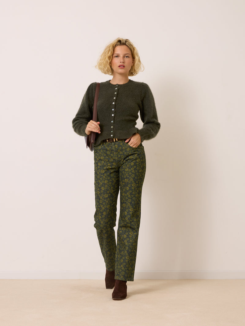 BOTZARIS khaki rosebud print straight-leg jeans, front view by Rouje