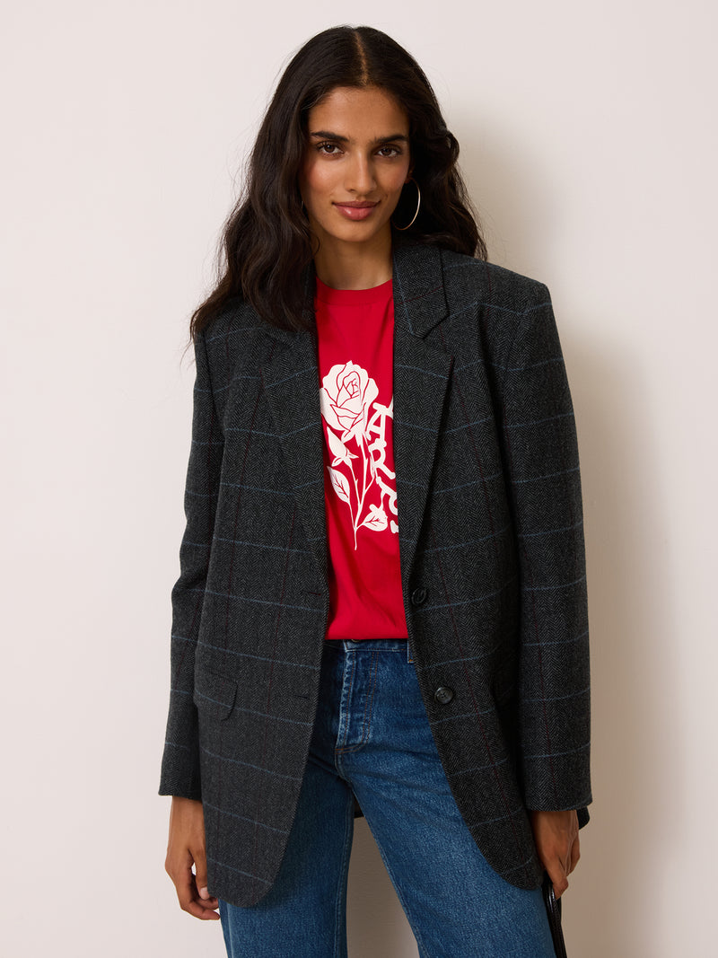 JACQUES grey herringbone check blazer, detail of flap pockets by Rouje