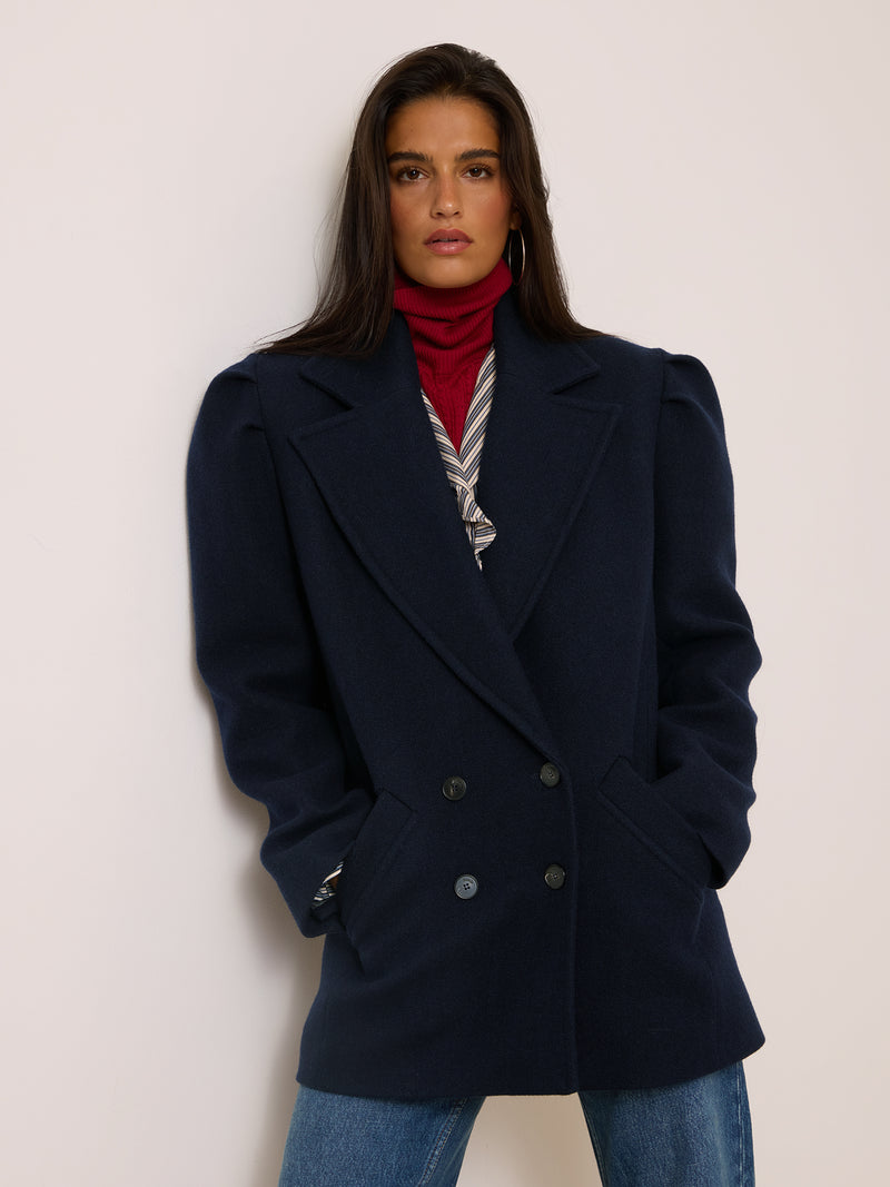 FERNAND navy blue mid-length coat, back view by Rouje [collection:606018699592]