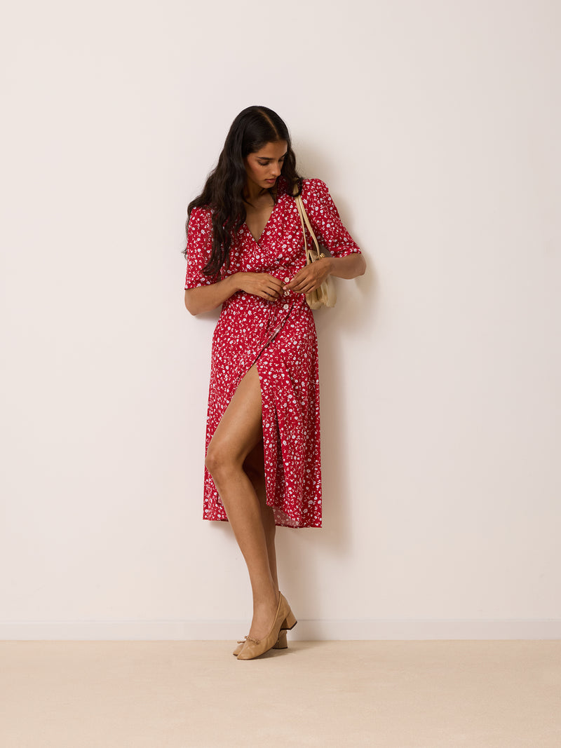 GABIN raspberry floral print wrap dress, detail of pearlescent buttons by Rouje