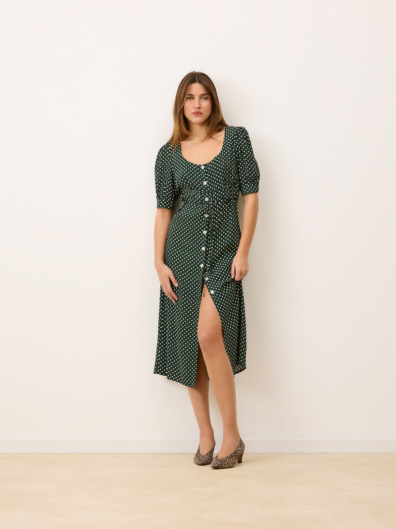 Julia green polka dot dress worn, front view