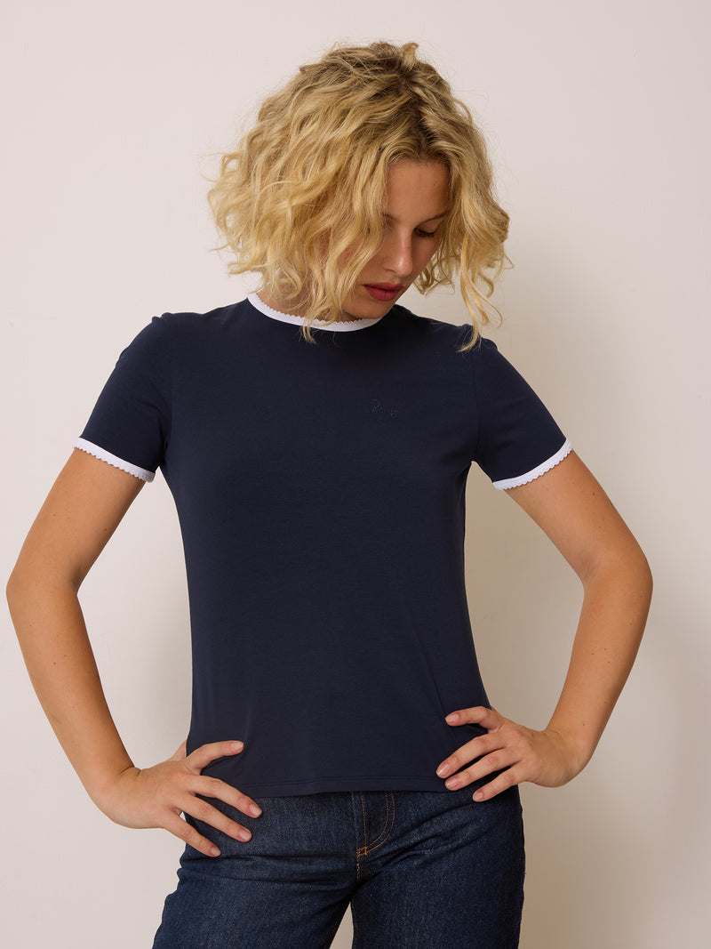 LAURIE navy short-sleeve T-shirt worn on a model by Rouje