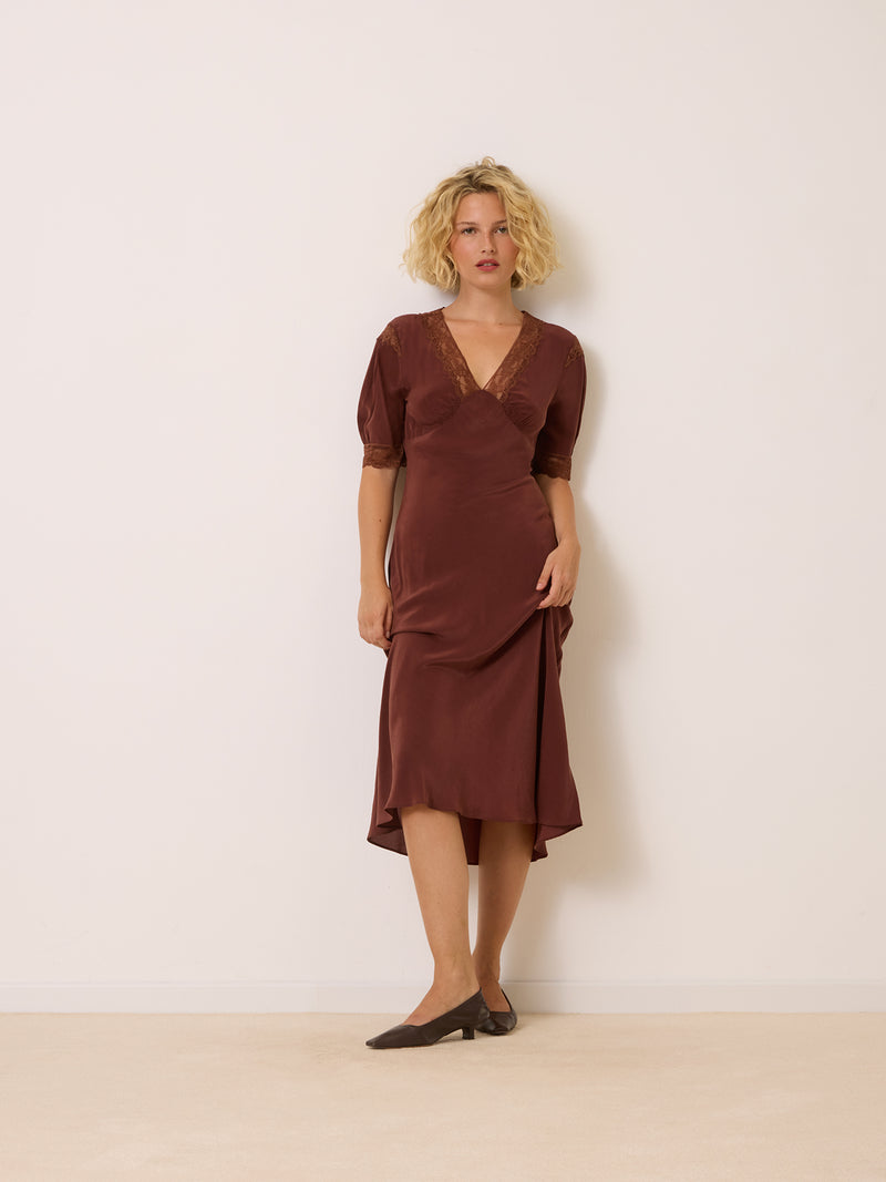 LISERON chocolate midi wrap dress, back view by Rouje