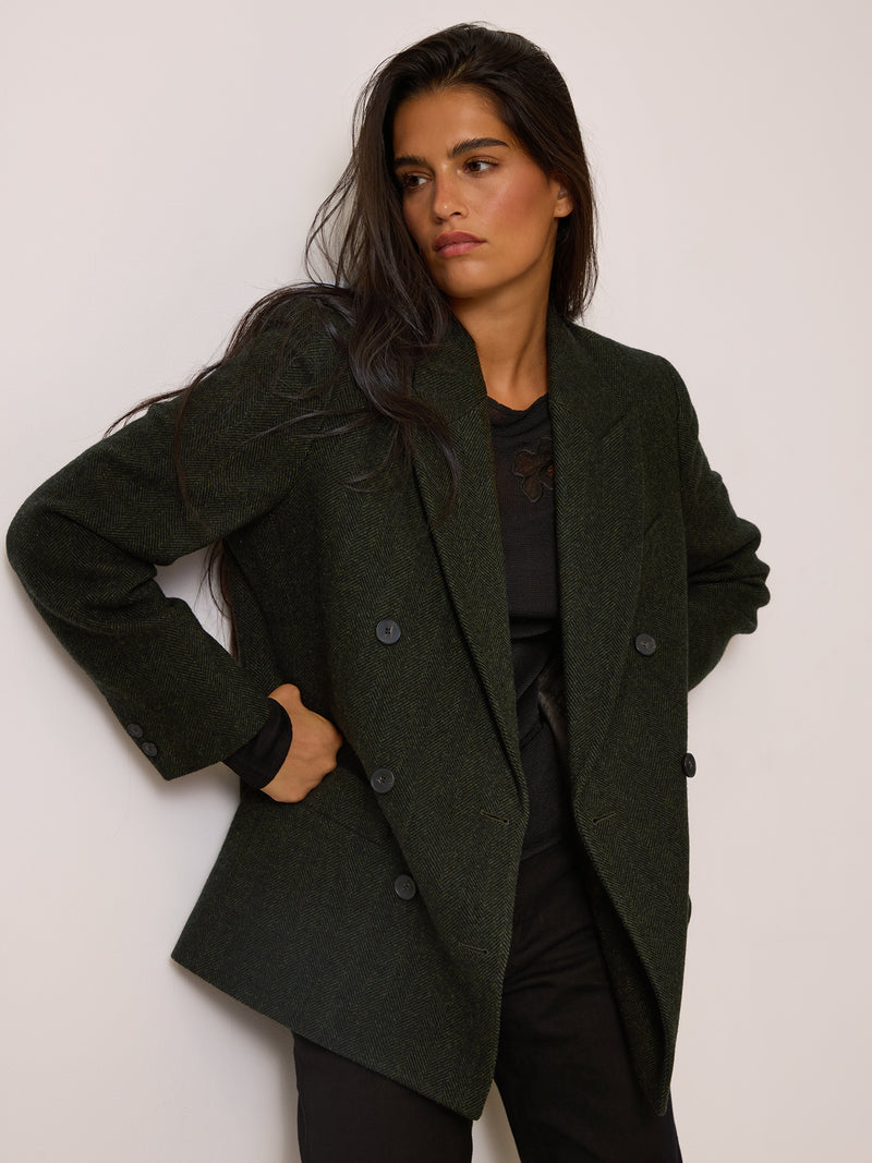 MARCEL khaki chevron jacket worn on a model by Rouje