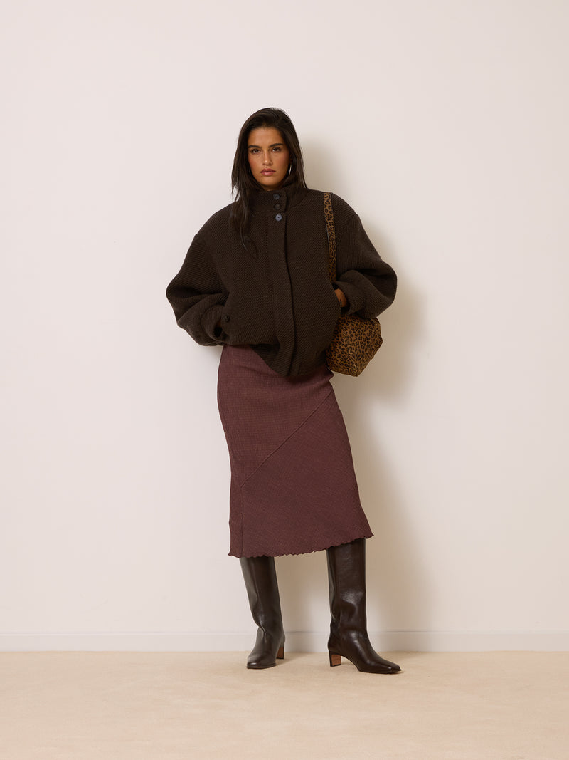 ROMEO brown chevron jacket, detail of stand collar by Rouje