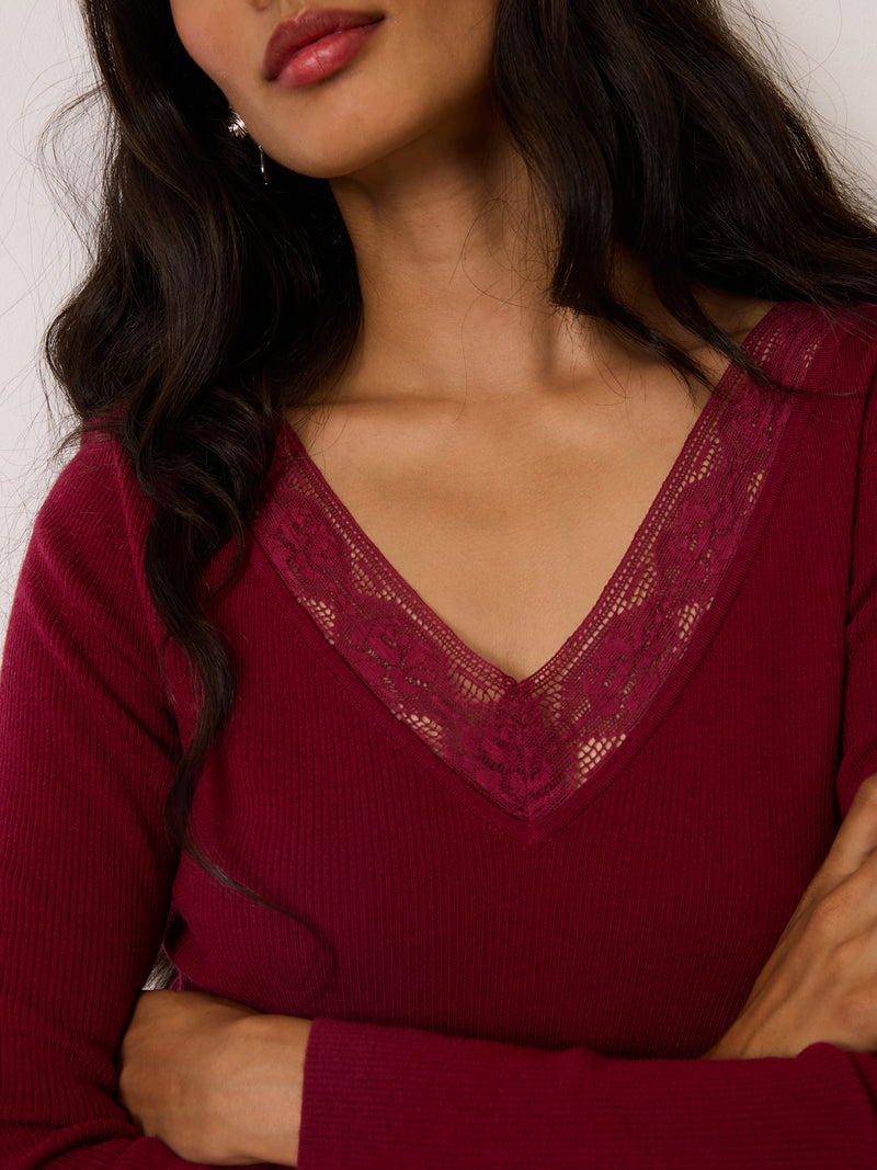 SOLANGE burgundy wool-blend top with lace collar, front view by Rouje