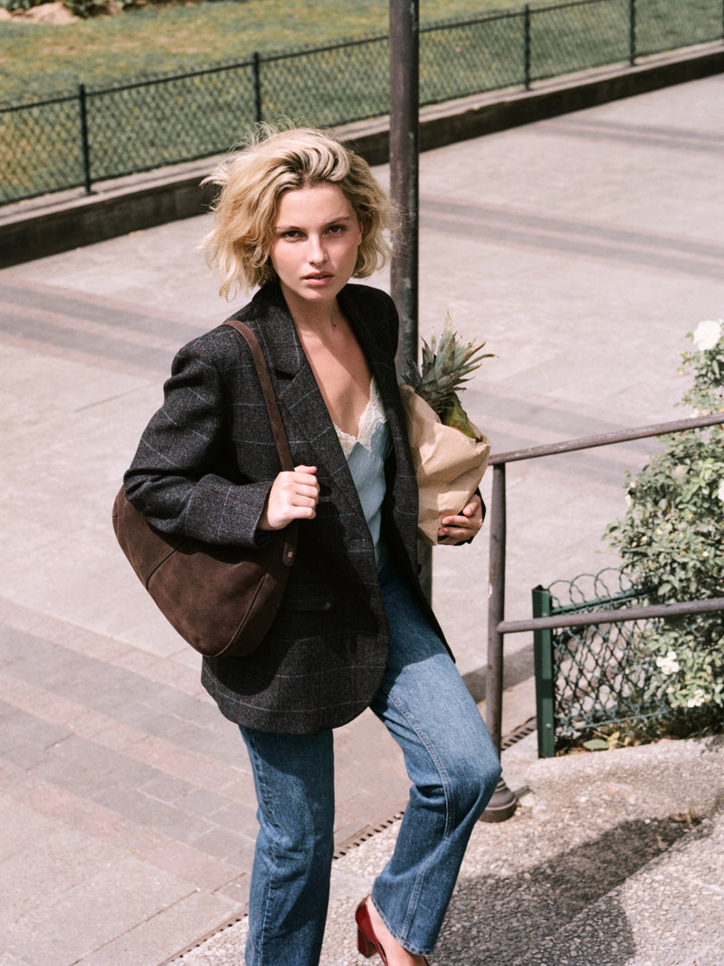 JACQUES grey herringbone check oversized tailored blazer, worn on a model by Rouje [collection:662656221512]
